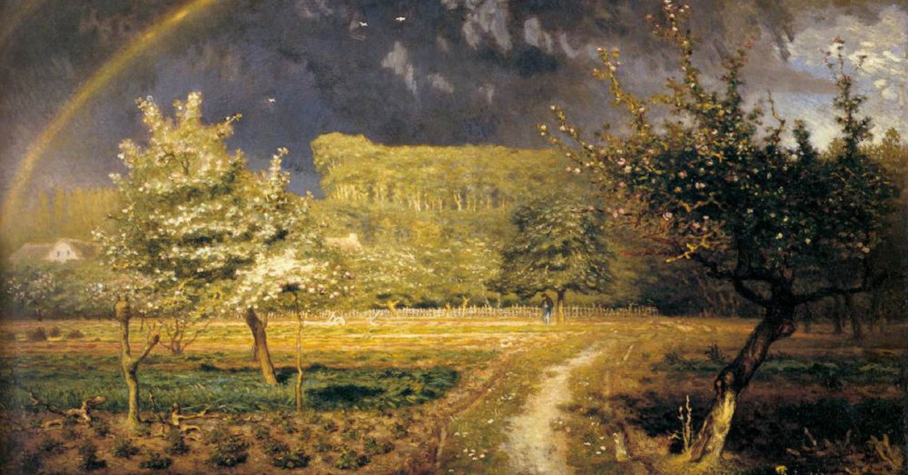 In a rich, dream-like, sun-drenched painting, a dirt road leads through a field, passing heavy-laden fruit trees as it approaches a wood beneath a rainbow.