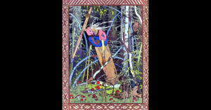 In a painted woodcut image with a decorative border, Baba Yaga rides through the woods in a flying wooden mortar, carrying a long wooden pestle